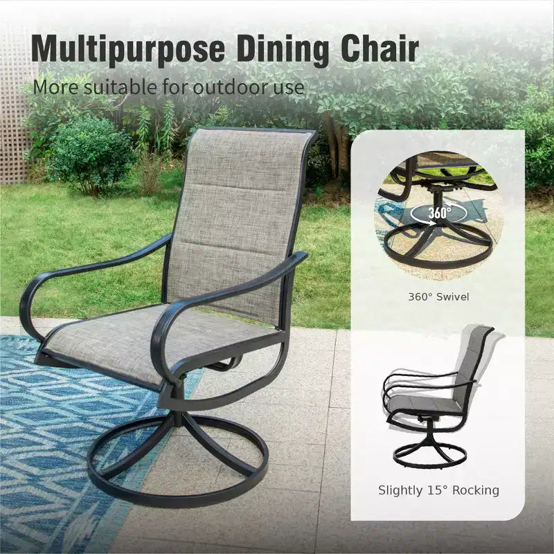 Captiva Designs 9pc Spacious Slat-top Square Metal Table with Umbrella Hole & Padded Textilene Swivel Chairs