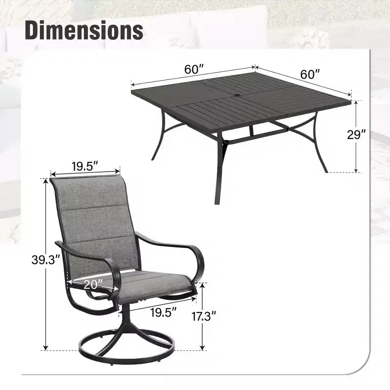 Captiva Designs 9pc Spacious Slat-top Square Metal Table with Umbrella Hole & Padded Textilene Swivel Chairs