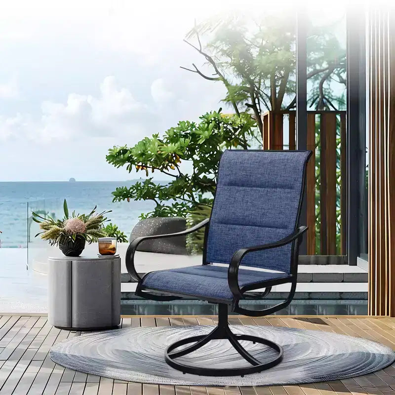 Captiva Designs 9pc Spacious Slat-top Square Metal Table with Umbrella Hole & Padded Textilene Swivel Chairs