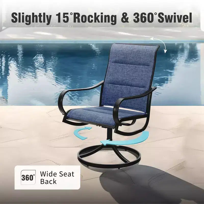 Captiva Designs 9pc Spacious Slat-top Square Metal Table with Umbrella Hole & Padded Textilene Swivel Chairs