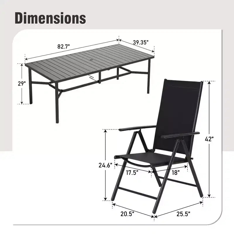 Captiva Designs 9pc Spacious Slat-top Rectangle Metal Table with Umbrella Hole & Textilene Reclining Foldable Chairs