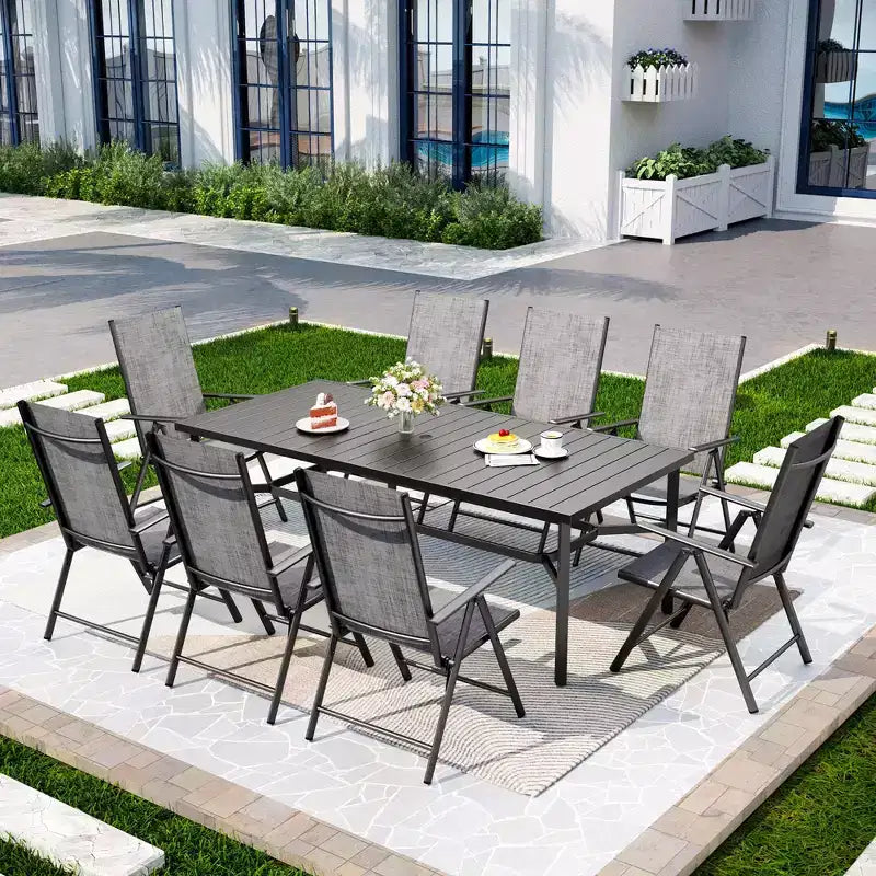 Captiva Designs 9pc Spacious Slat-top Rectangle Metal Table with Umbrella Hole & Textilene Reclining Foldable Chairs
