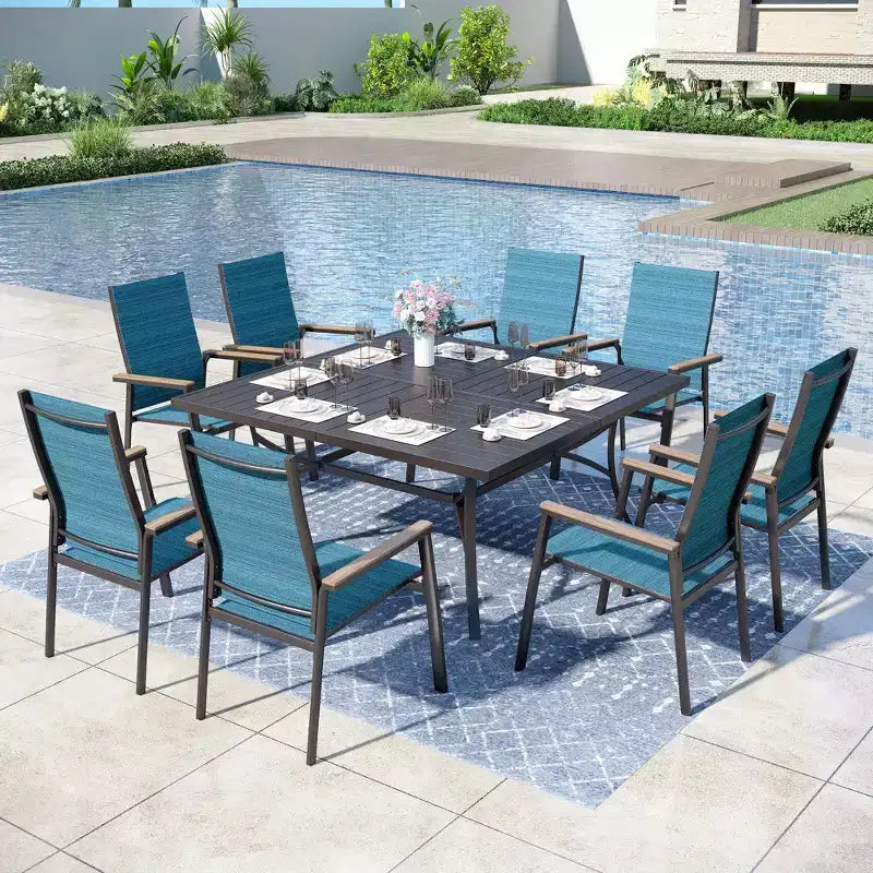 Captiva Designs 9pc Patio Slat-top Square Metal Dining Table & Stackable Textilene Aluminum Chairs