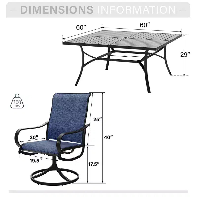 Captiva Designs 9pc Spacious Slat-top Square Metal Table with Umbrella Hole & Textilene Swivel Chairs