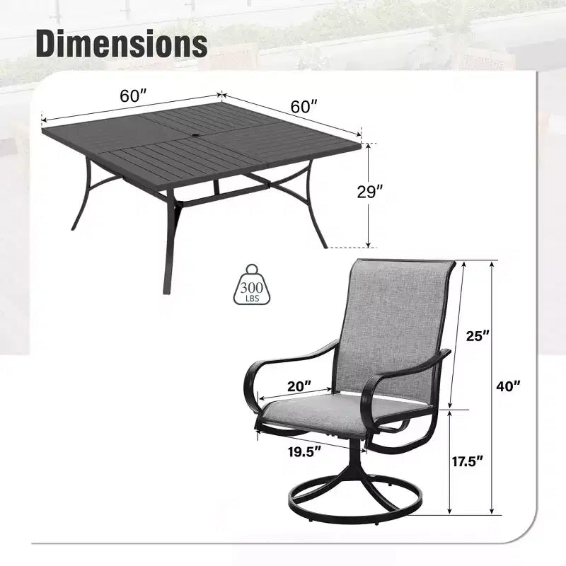 Captiva Designs 9pc Spacious Slat-top Square Metal Table with Umbrella Hole & Textilene Swivel Chairs