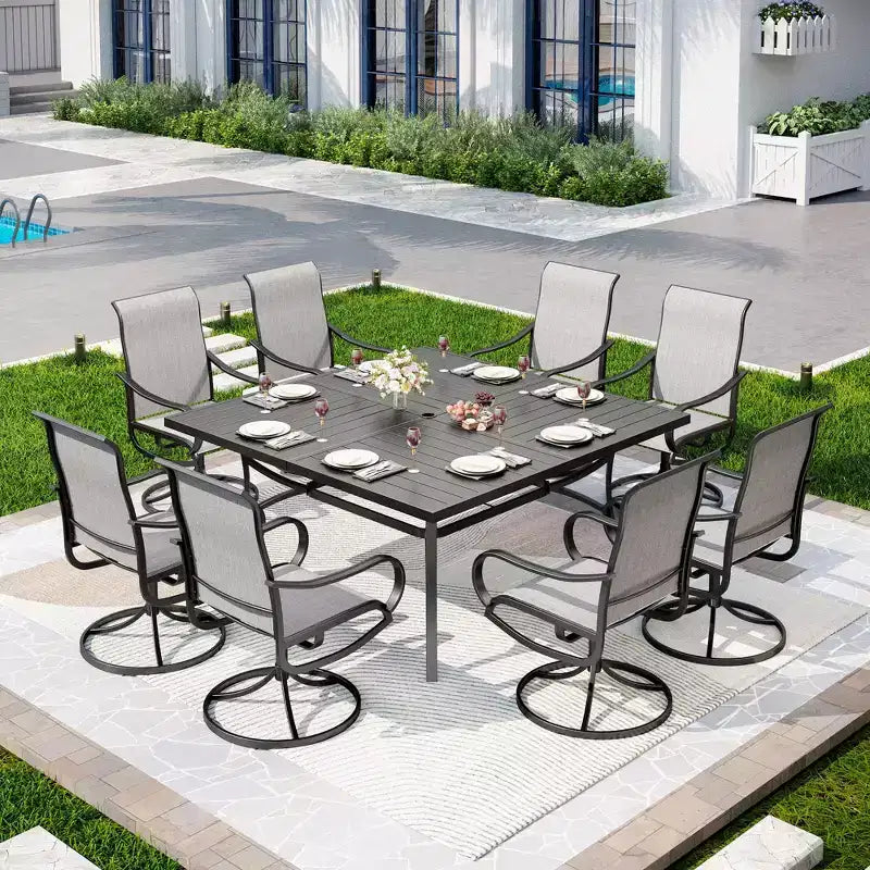 Captiva Designs 9pc Spacious Slat-top Square Metal Table with Umbrella Hole & Textilene Swivel Chairs