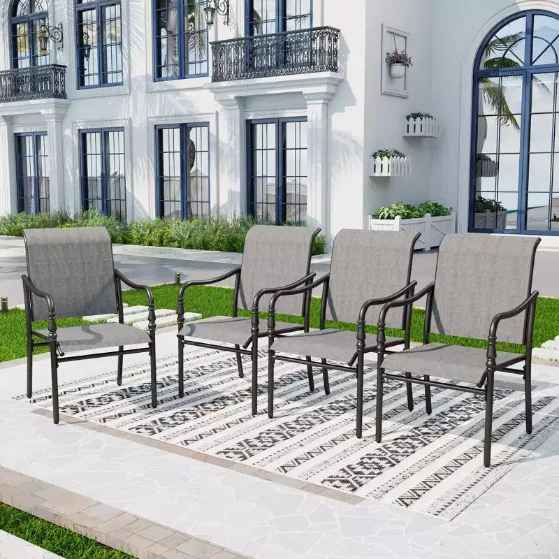Captiva Designs 9pc Spacious Slat-top Rectangle Metal Table with Umbrella Hole & Fixed Steel Chairs with Gourd Head Armrests
