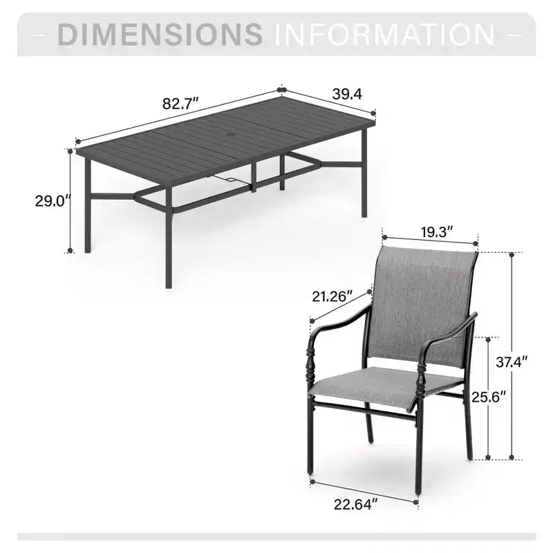 Captiva Designs 9pc Spacious Slat-top Rectangle Metal Table with Umbrella Hole & Fixed Steel Chairs with Gourd Head Armrests