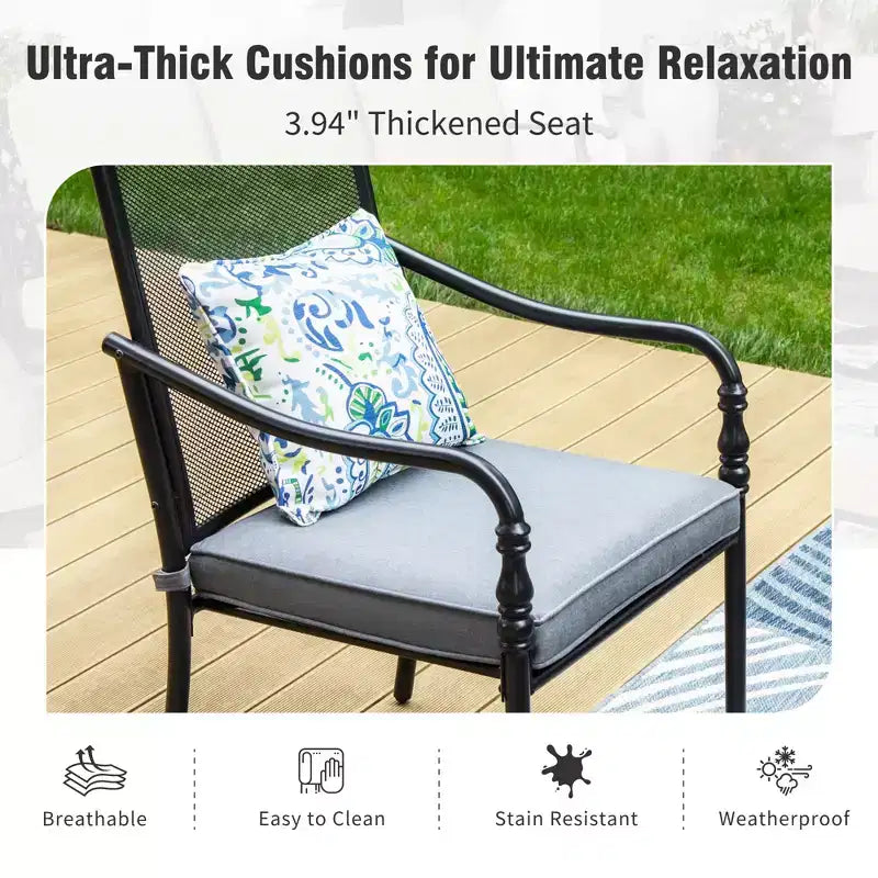 Captiva Designs 9pc Spacious Slat-top Rectangle Metal Table with Umbrella Hole & Fixed Steel Chairs with Gourd Head Armrests