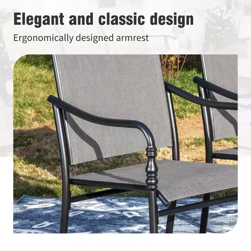 Captiva Designs 9pc Spacious Slat-top Rectangle Metal Table with Umbrella Hole & Fixed Steel Chairs with Gourd Head Armrests