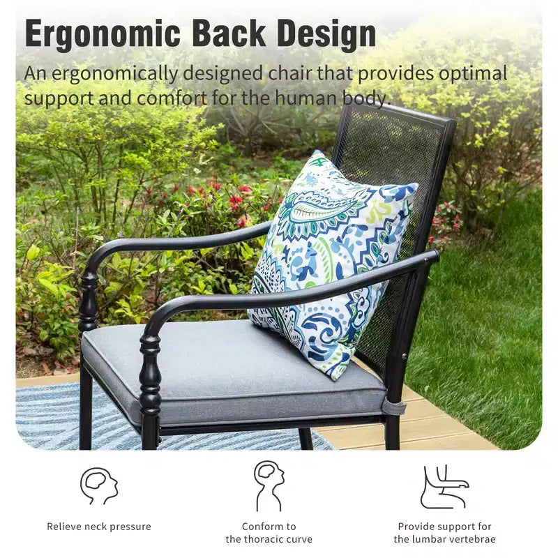 Captiva Designs 9pc Spacious Slat-top Rectangle Metal Table with Umbrella Hole & Fixed Steel Chairs with Gourd Head Armrests
