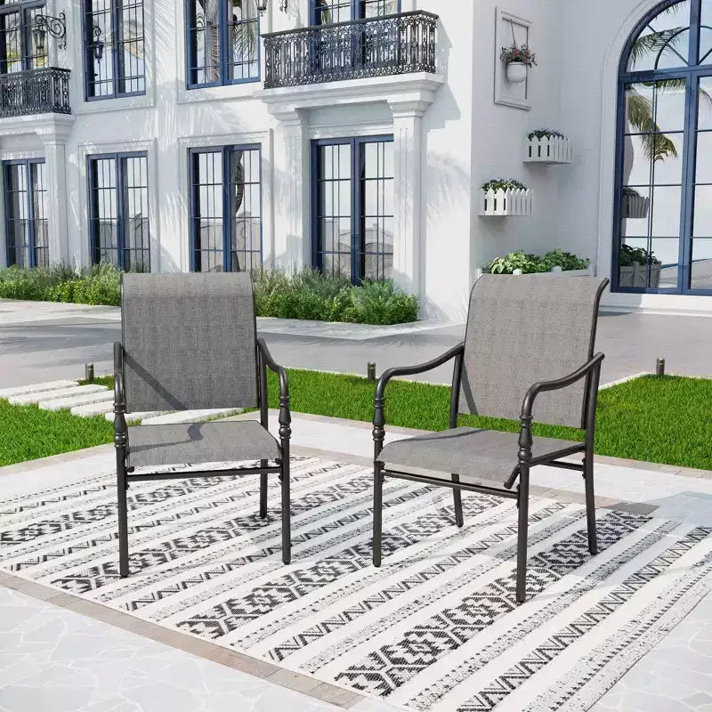 Captiva Designs 9pc Spacious Slat-top Rectangle Metal Table with Umbrella Hole & Fixed Steel Chairs with Gourd Head Armrests