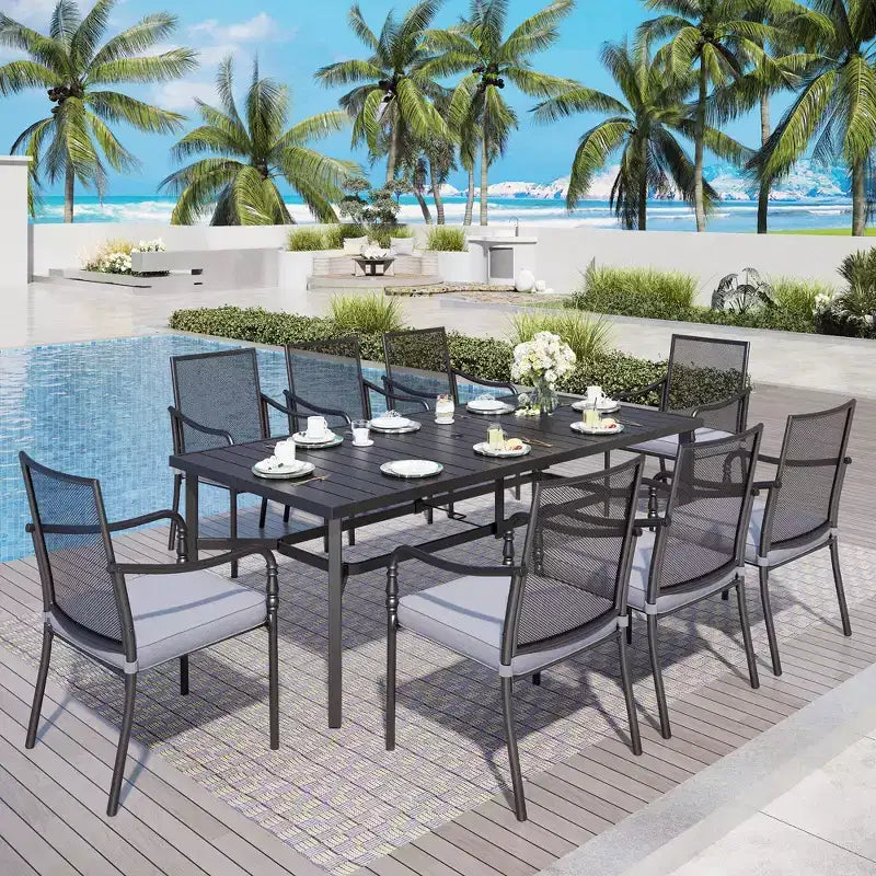 Captiva Designs 9pc Spacious Slat-top Rectangle Metal Table with Umbrella Hole & Fixed Steel Chairs with Gourd Head Armrests