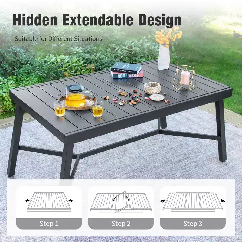 Captiva Designs 9pc Patio Dining Extendable Black Steel Rectangle Table & Textilene Swivel Chairs