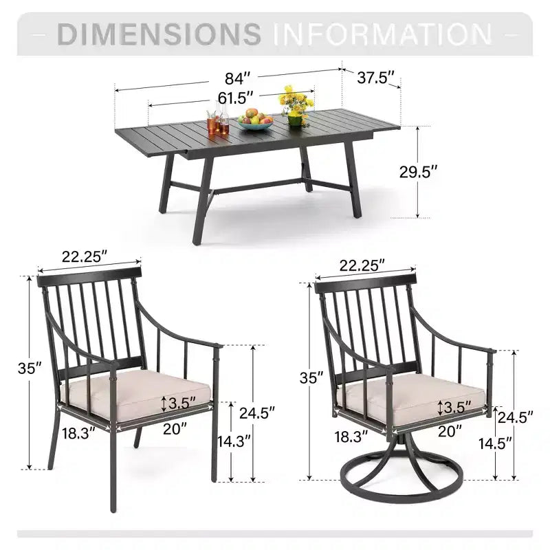 Captiva Designs 9pc Patio Slat-top Adjustable Steel Rectangle Table & Stylish Arm Chairs with Cushions