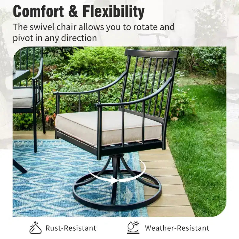 Captiva Designs 9pc Patio Slat-top Adjustable Steel Rectangle Table & Stylish Arm Chairs with Cushions