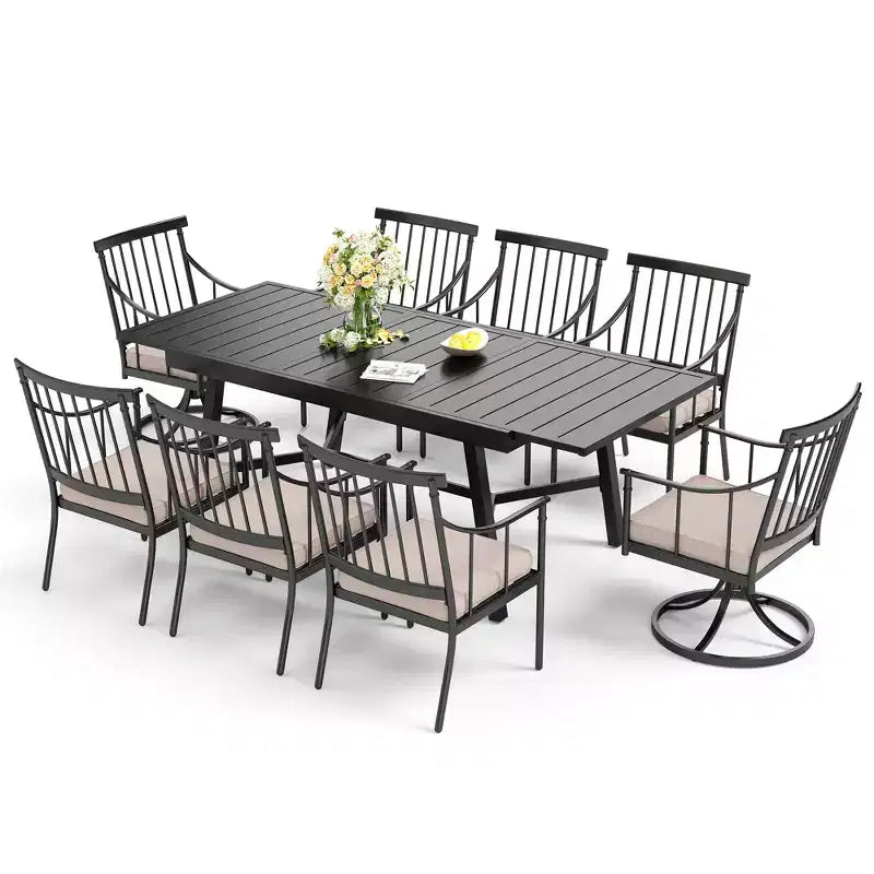 Captiva Designs 9pc Patio Slat-top Adjustable Steel Rectangle Table & Stylish Arm Chairs with Cushions