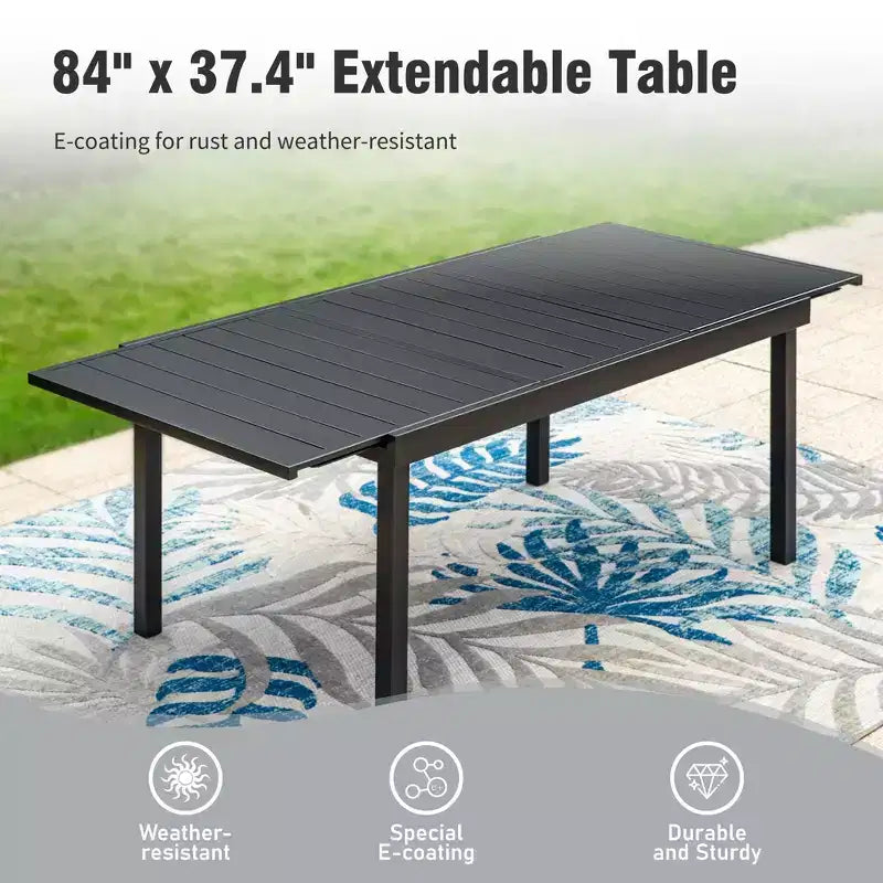 Captiva Designs 9pc Patio Dining Set with Slat-top Adjustable Steel Rectangle Table & Padded Textilene Swivel Chairs