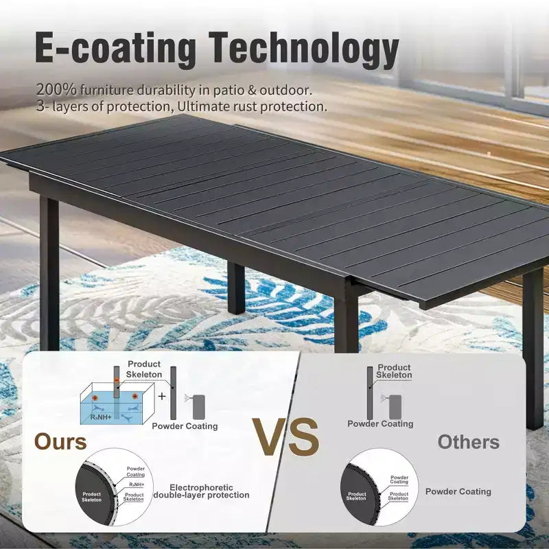 Captiva Designs 9pc Patio Slat-top Adjustable Steel Rectangle Dining Table & Black Metal Chairs