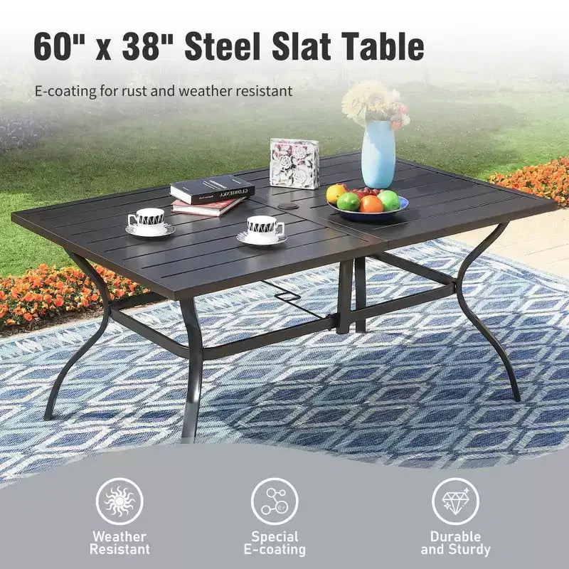 Captiva Desighttps 8pc Patio Dining Slat-top Rectangular Steel Table & Padded Sling Swivel Chairs & Market Umbrella