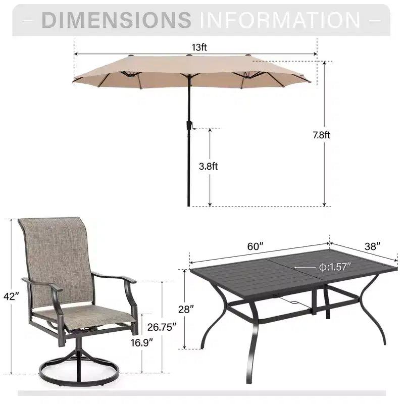 Captiva Desighttps 8pc Patio Dining Slat-top Rectangular Steel Table & Padded Sling Swivel Chairs & Market Umbrella