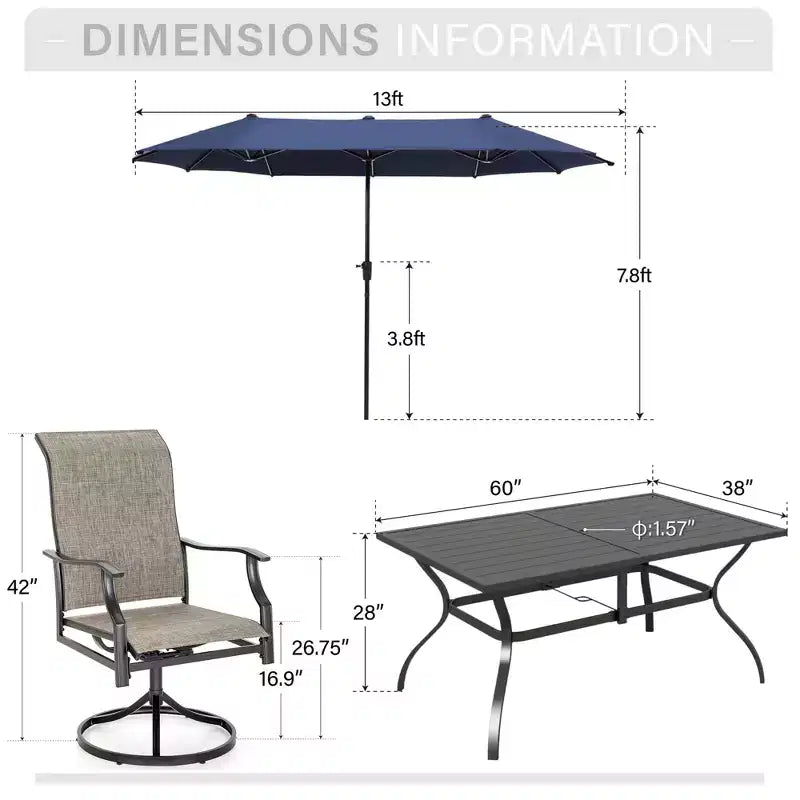 Captiva Desighttps 8pc Patio Dining Slat-top Rectangular Steel Table & Padded Sling Swivel Chairs & Market Umbrella