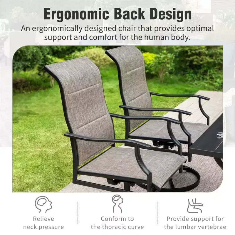 Captiva Desighttps 8pc Patio Dining Slat-top Rectangular Steel Table & Padded Sling Swivel Chairs & Market Umbrella