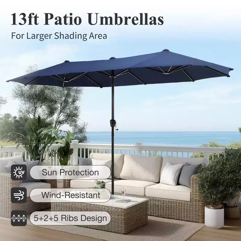Captiva Desighttps 8pc Patio Dining Slat-top Rectangular Steel Table & Padded Sling Swivel Chairs & Market Umbrella