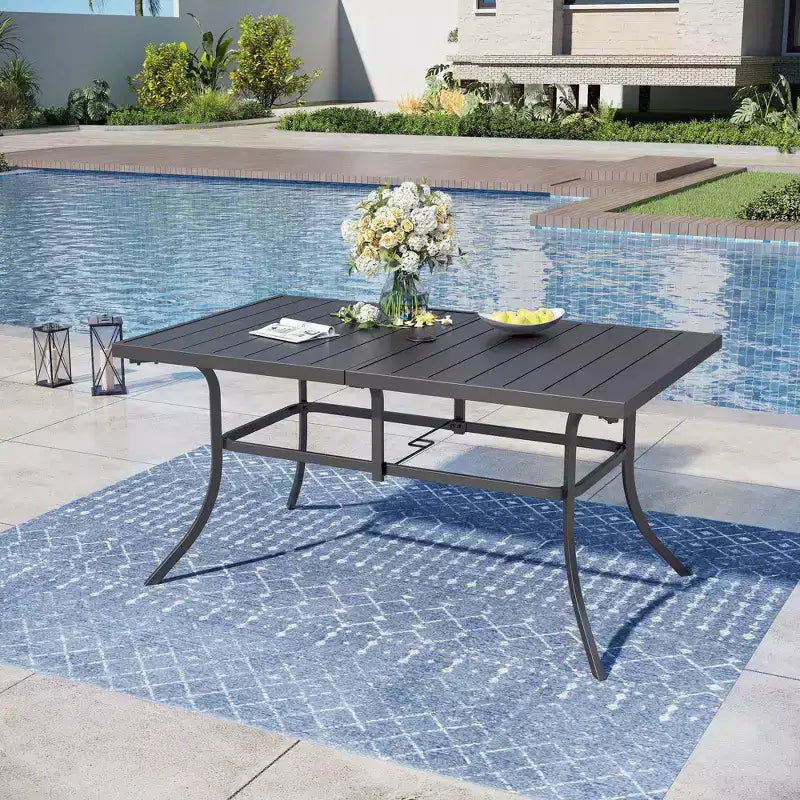 Captiva Designs 7pc Patio Dining Slat-top Steel Table & Beige Rattan Chairs with Cushions