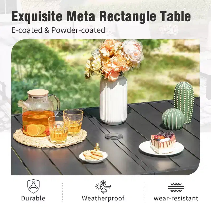 Captiva Designs 7pc Patio Dining Slat-top Steel Table & Beige Rattan Chairs with Cushions