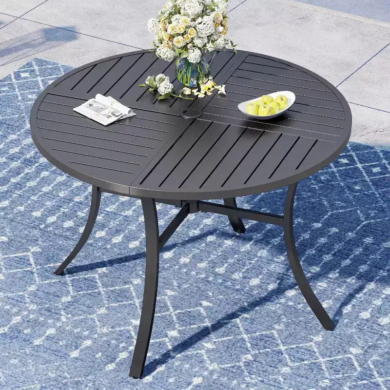 Captiva Designs 7pc Patio Dining Slat-top Steel Table & Beige Rattan Chairs with Cushions