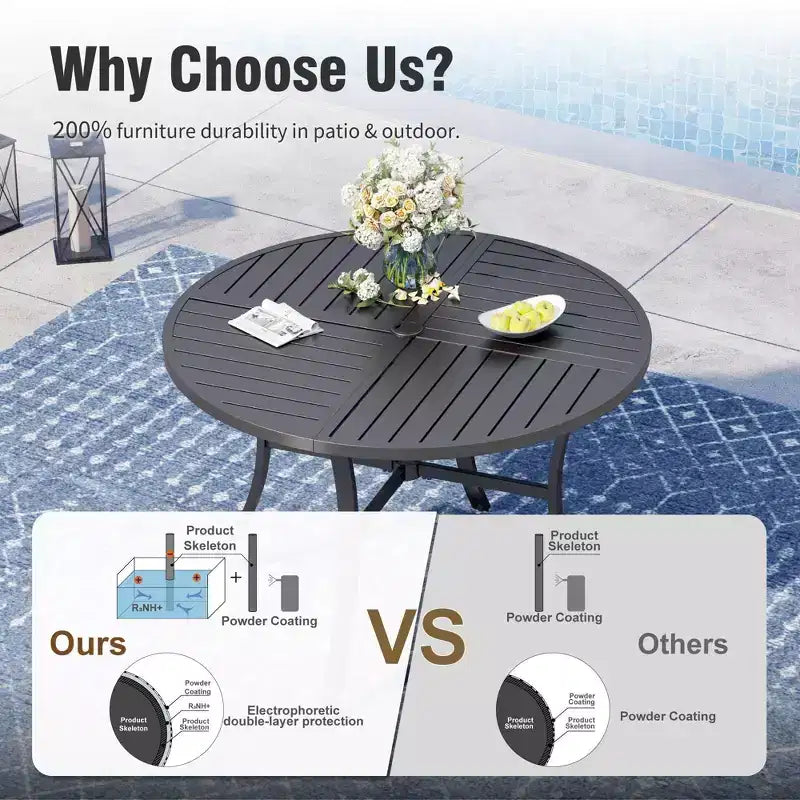 Captiva Designs 7pc Patio Dining Slat-top Steel Table & Beige Rattan Chairs with Cushions
