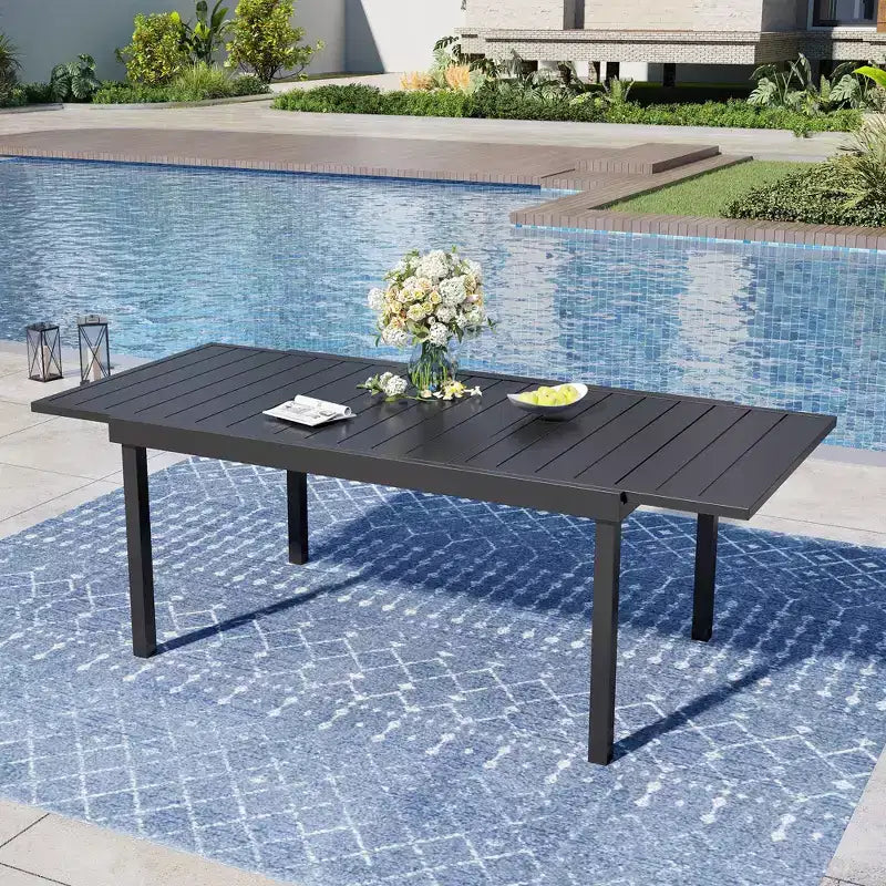 Captiva Designs 7pc Patio Dining Slat-top Steel Table & Beige Rattan Chairs with Cushions