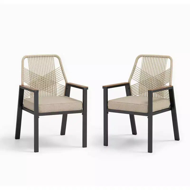 Captiva Designs 7pc Patio Dining Slat-top Steel Table & Beige Rattan Chairs with Cushions