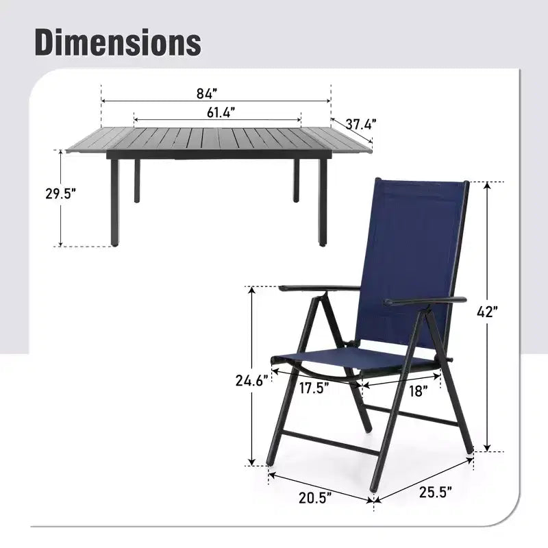 Ensemble de salle à manger d'extérieur Captiva Designs 9 pièces avec table rectangulaire en acier réglable à lattes et chaises pliantes en textilène