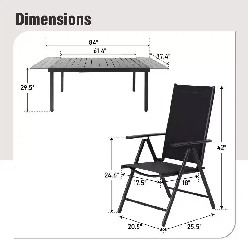 Ensemble de salle à manger d'extérieur Captiva Designs 9 pièces avec table rectangulaire en acier réglable à lattes et chaises pliantes en textilène