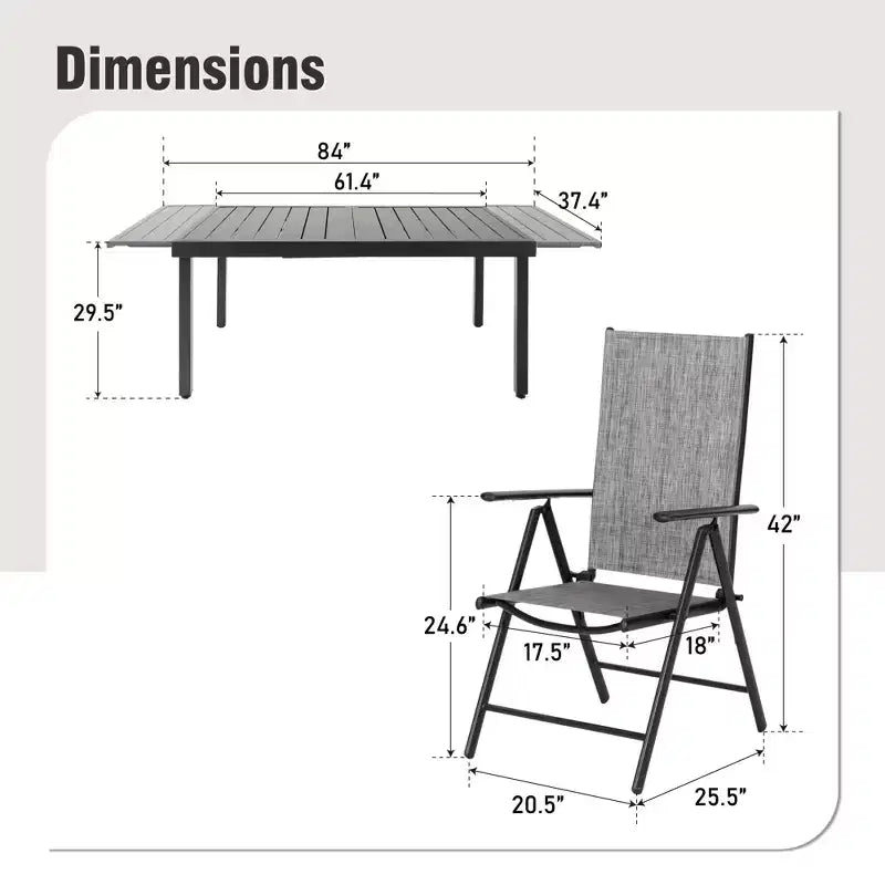 Ensemble de salle à manger d'extérieur Captiva Designs 9 pièces avec table rectangulaire en acier réglable à lattes et chaises pliantes en textilène
