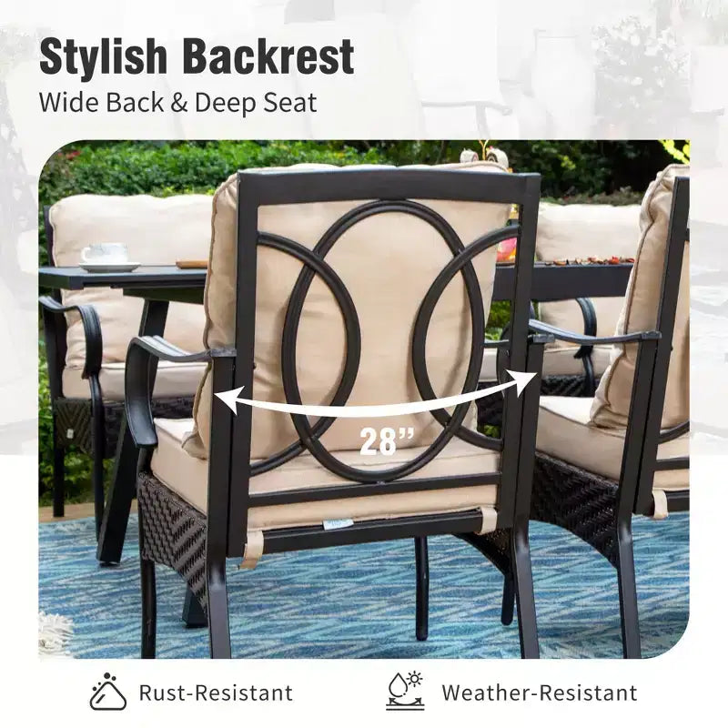 Captiva Designs 7pc Patio Dining Set with Slat-top Rectangle Table & Rattan Metal Fixed Chairs & Swivel Arm Chairs