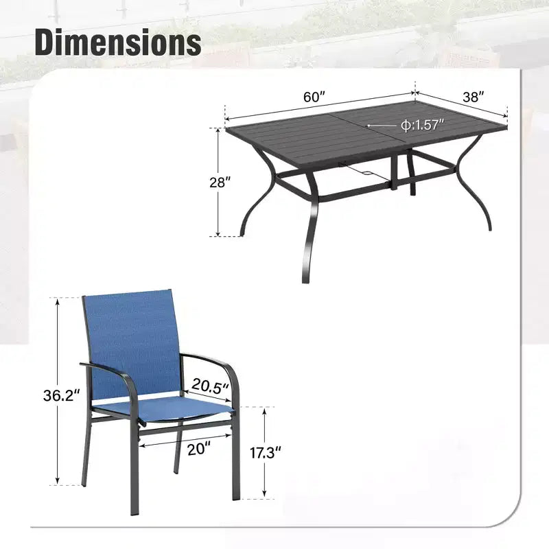Captiva Designs 7pc Patio Dining Set with Slat-top Rectangle Table & Sling Fixed Chairs