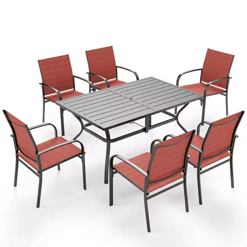 Captiva Designs 7pc Patio Dining Set with Slat-top Rectangle Table & Sling Fixed Chairs