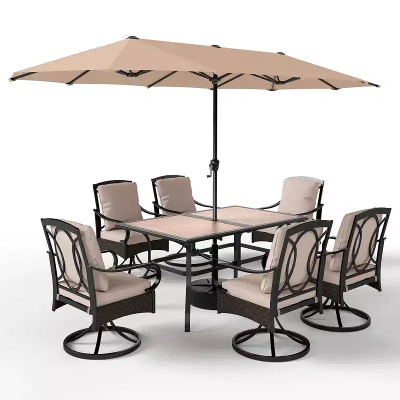 Captiva Designs 8pc Outdoor Patio Rectangle Steel Dining Table & Rattan Swivel Chairs & Beige Umbrella