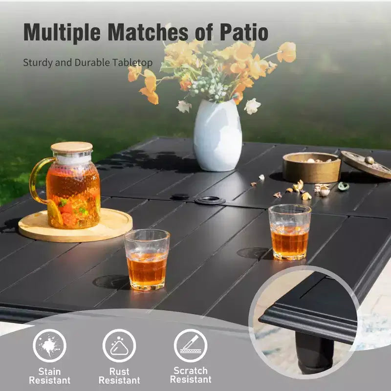 Captiva Designs 7pc Outdoor Patio Slat-top Rectangle Steel Dining Table & Grayish Brown Sling Swivel Chairs