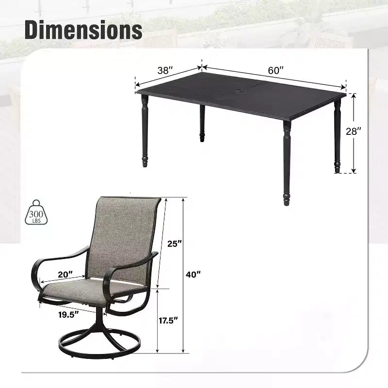 Captiva Designs 7pc Outdoor Patio Slat-top Rectangle Steel Dining Table & Grayish Brown Sling Swivel Chairs