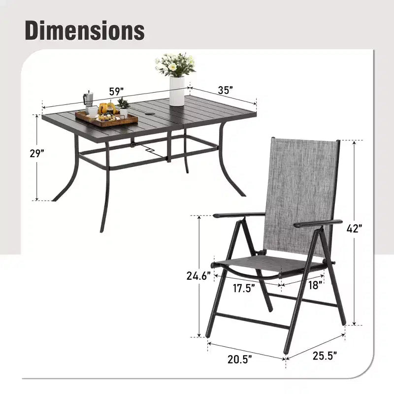 Captiva Designs 7pc Patio Dining Rectangular Steel Table & Pre-assembled Textilene Reclining Foldable Chairs