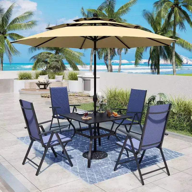 Captiva Designs 6pc Patio Slat-top Square Table & Textilene Reclining Foldable Chairs & Market Umbrella