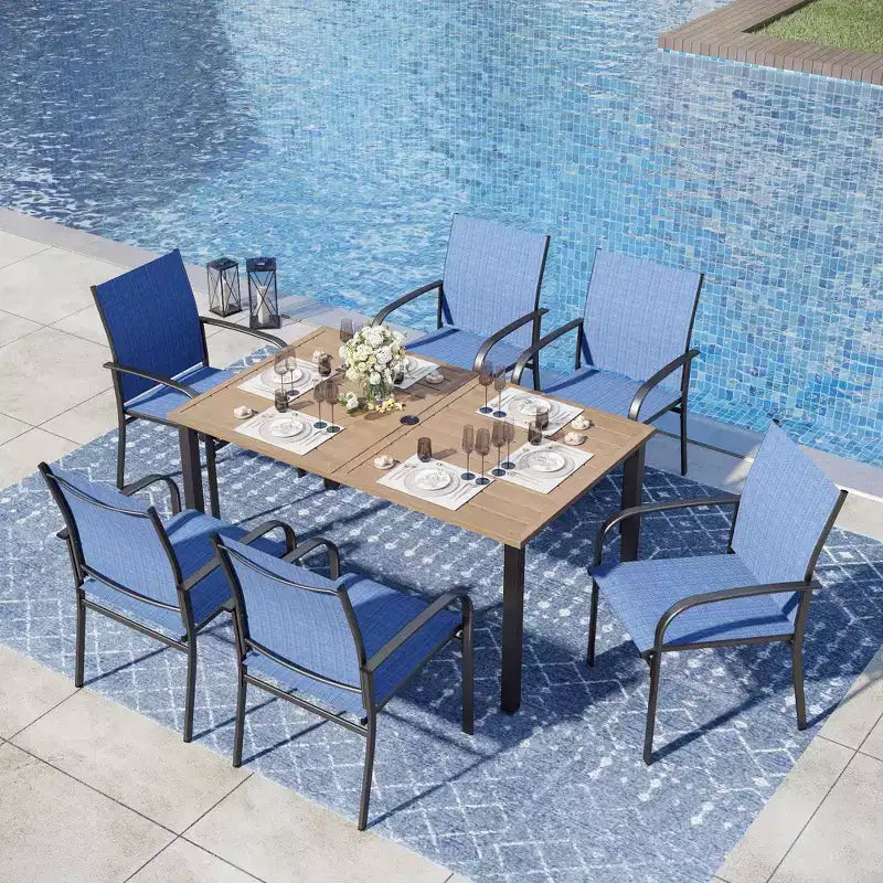 Captiva Designs 7pc Outdoor Patio Wood-look Slatted Top Steel Dining Table & Sling Fixed Chairs