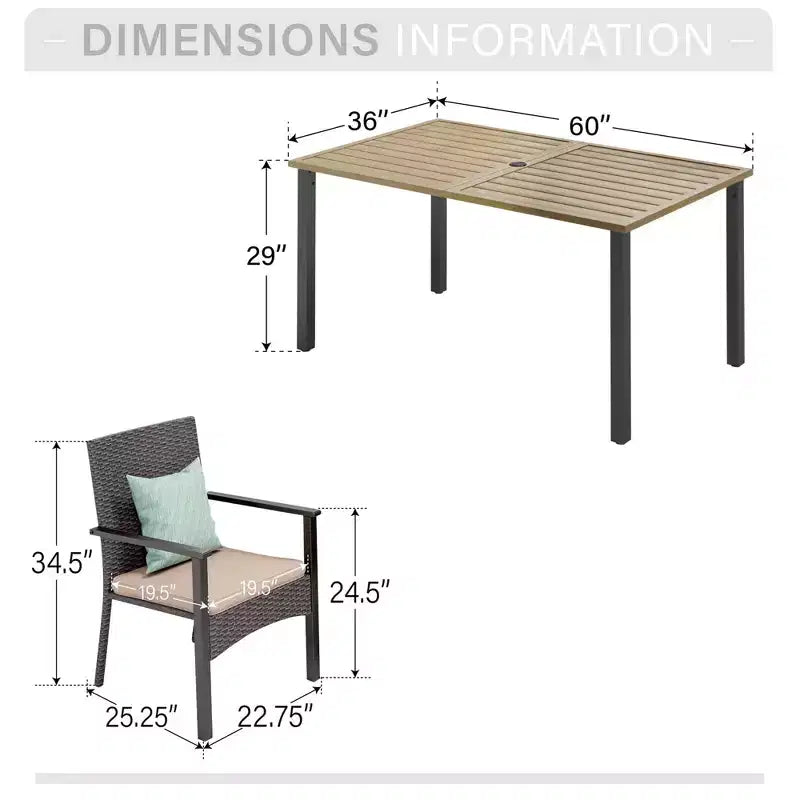 Captiva Designs 7pc Patio Slatted Top Steel Dining Table with Umbrella Hole & Cushioned Armrest Rattan Chairs