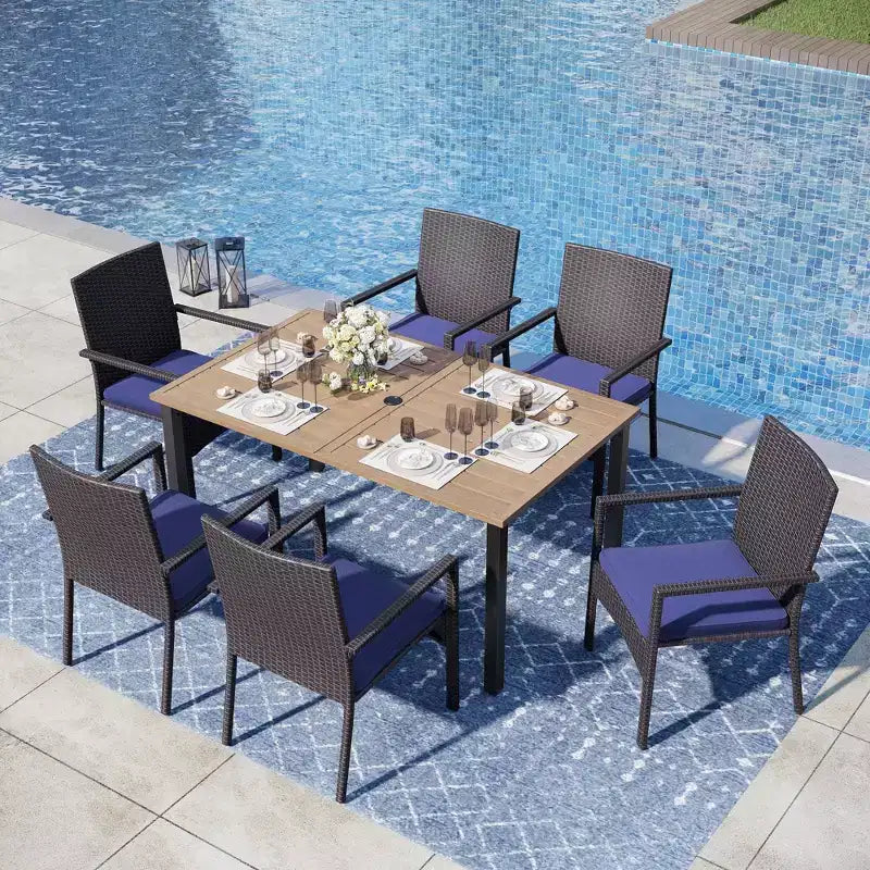 Captiva Designs 7pc Patio Slatted Top Steel Dining Table with Umbrella Hole & Cushioned Armrest Rattan Chairs