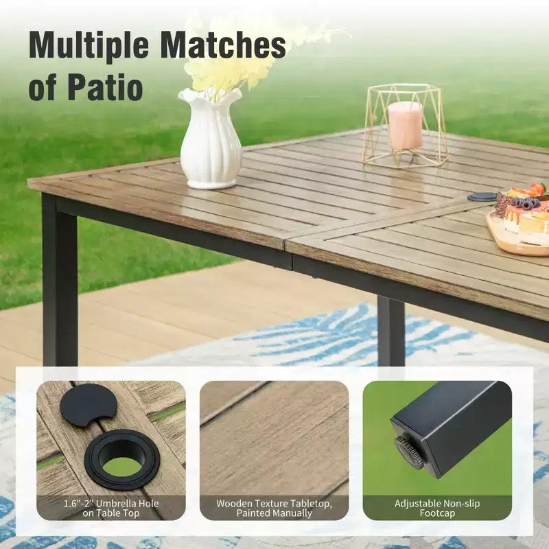 Captiva Designs 7pc Patio Wood-look Steel Dining Table with Umbrella Hole & Stackable Chairs with Bull's Eye Pattern