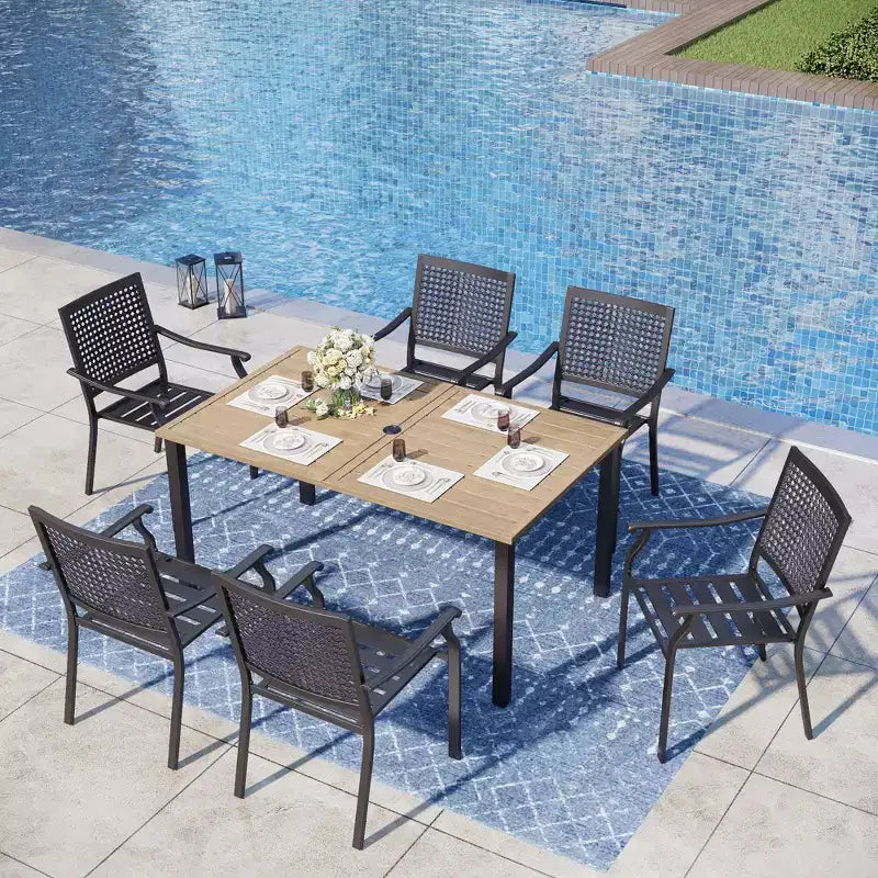 Captiva Designs 7pc Patio Wood-look Steel Dining Table with Umbrella Hole & Stackable Chairs with Bull's Eye Pattern